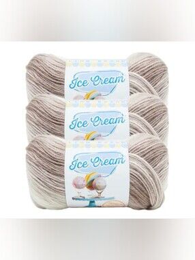NWT 3-skein Bundle Lion Brand Ice Cream Acrylic Yarn - Coffee.